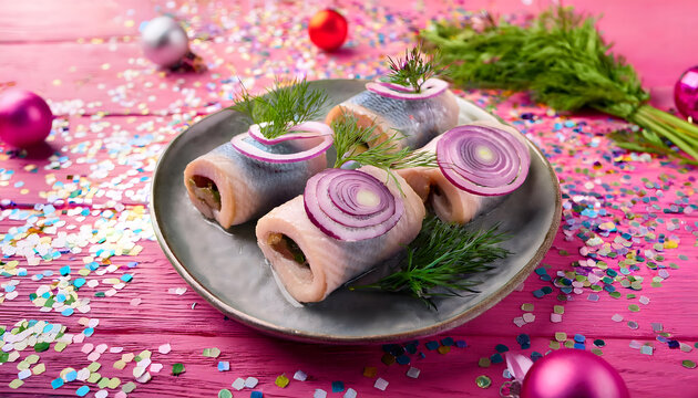 rollmops, kater, fr&uuml;hst&uuml;ck, katerfr&uuml;hst&uuml;ck, essen, teller, karneval, neu, close up, k&ouml;ln, hering, dill, zwiebel, matjes, meeresfr&uuml;chte, fisch, zwiebeln, feinschmecker, modern, konfetti, rosenmontag, 