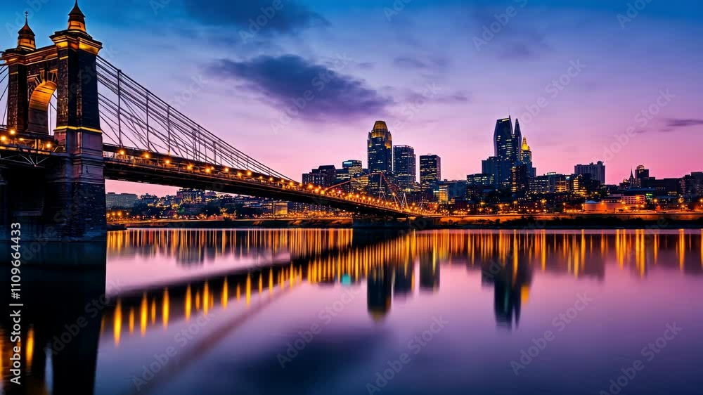 Poster stunning sunset view of cincinnati skyline with illuminated bridge reflecting on the river
