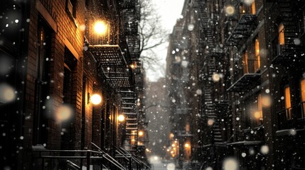 Snowy Alleyway with Streetlights and Brick Buildings