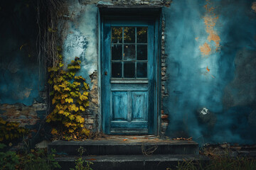 Weathered blue door with ivy, symbolizing aging, memories, and the passage of time