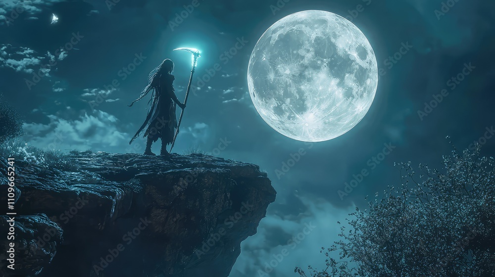 Poster mysterious figure in cloak standing on rocky edge under full moonlight with ethereal glow creating e