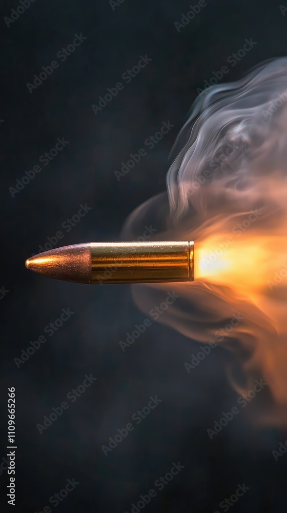 Poster high-resolution close-up of a bullet in motion creating smoke and flames, capturing the intensity of