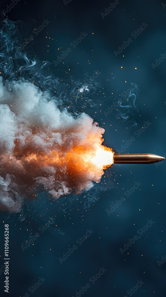 Poster dynamic explosion of a bullet with flames and smoke against a dark background capturing high-impact 