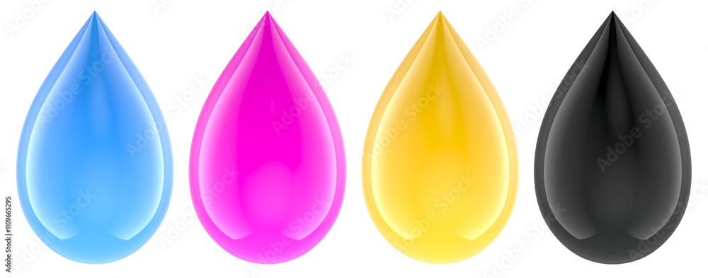 Poster cmyk concept with drops, 3d rendering isolated on transparent background