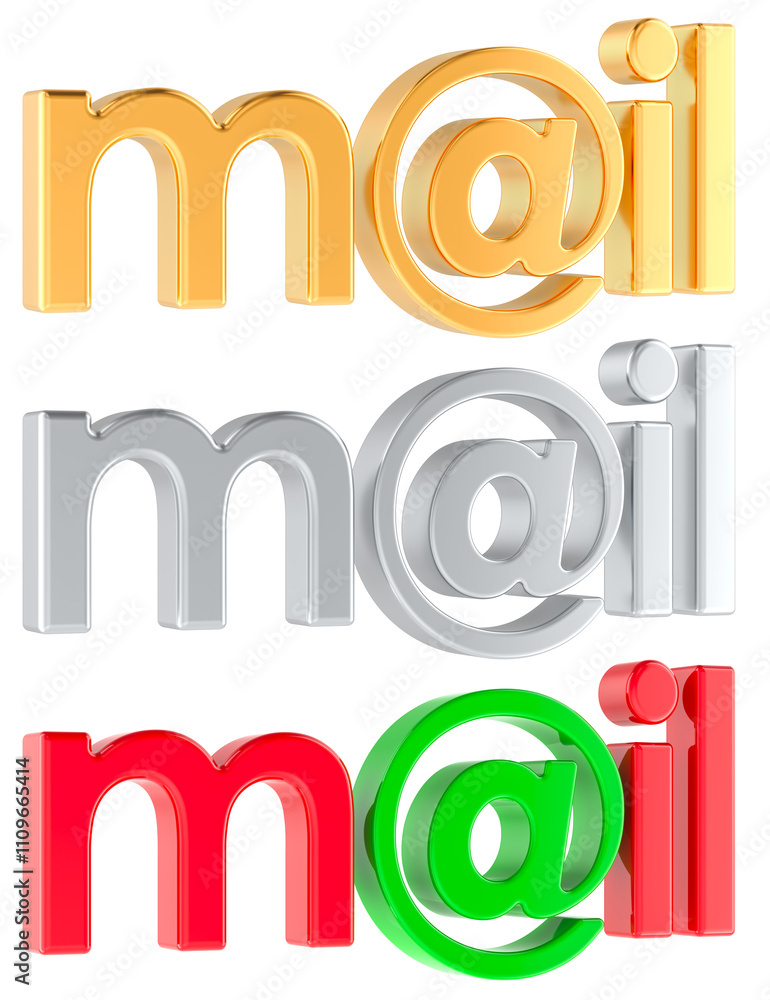 Poster mail, colored inscription with at sign. 3d rendering isolated on transparent background