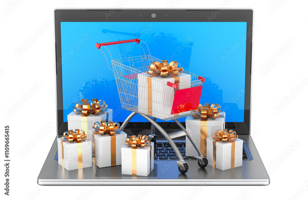 Poster shopping cart with gift boxes on the keyboard of laptop, 3d rendering isolated on transparent backgr