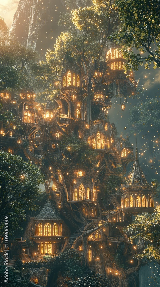 Poster enchanting treehouse village illuminated by warm lights in a magical forest with lush greenery and w