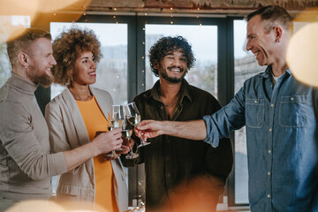A group of friends raising glasses of champagne and one of them making a toast indoor