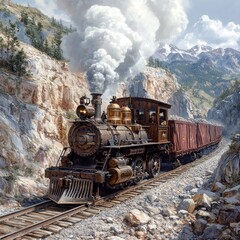 Naklejka premium A vintage steam locomotive travels through a mountainous landscape, emitting smoke.