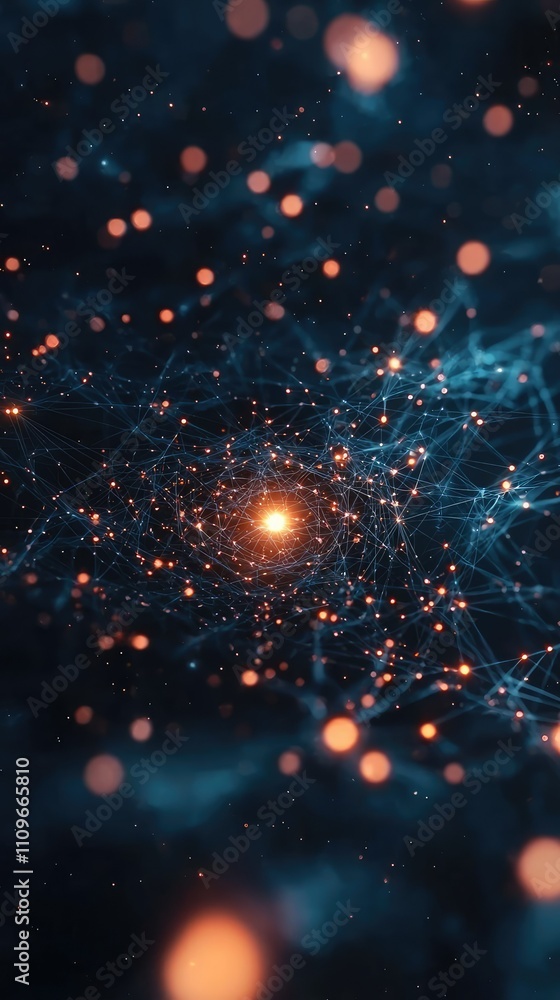Poster abstract depiction of interconnected nodes and glowing particles in a dark cosmic space, illustratin