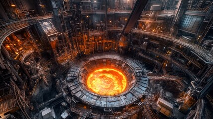 Overhead view of a massive industrial furnace glowing with molten metal.