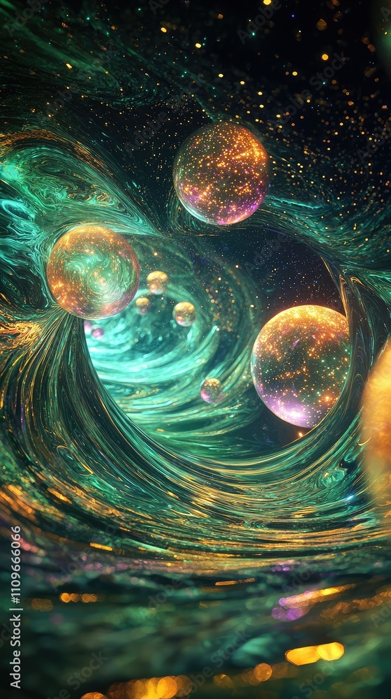 Poster abstract cosmic composition featuring swirling waves of color and luminous bubbles filled with stars