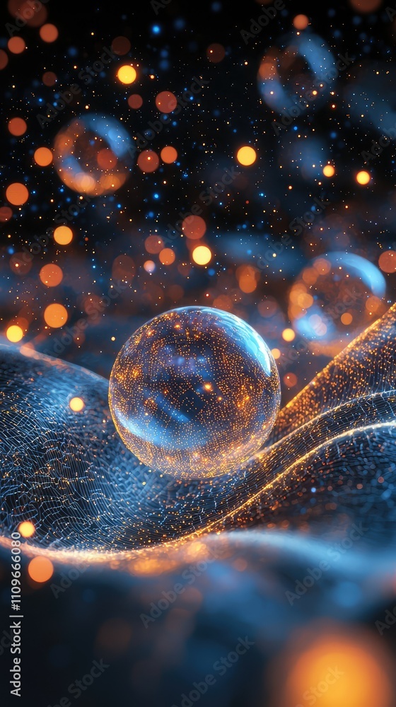 Poster abstract representation of shimmering bubbles in a glowing blue and orange environment with sparklin