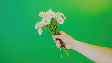 Two hands exchanging a fresh bouquet of daisies, symbolizing purity, unity, and connection, set against a vibrant green background emphasizing simplicity and natural beauty.