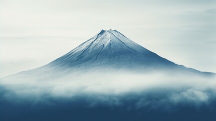 Majestic mountain rises above the clouds under a serene sky at dawn. Generative AI