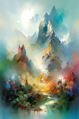 Ethereal Nature Wall Art Featuring Colorful Mountains and Enchanted Light