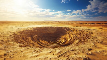 Naklejka premium Mesmerizing Swirling Sand Pit in a Desert Landscape Under a Bright Sky with Dramatic Clouds and Sunlight Shining Through, Evoking Mystery and Intrigue in Nature