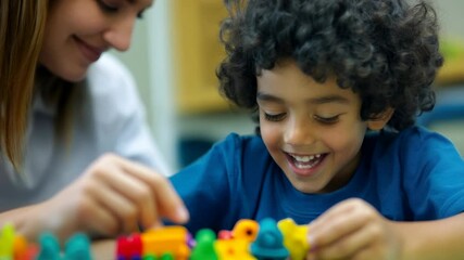 Empowering Inclusive Play: Young child with physical disabilities exploring tactile toys with counselor's support	

