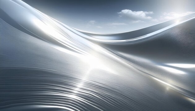 Metallic Flow: Abstract silver waves against a cloudy sky, evoking a sense of sleekness, movement, and futuristic design.  