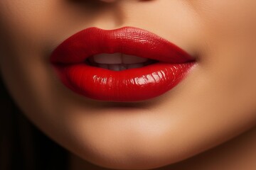 Fototapeta premium Gorgeous close-up of glossy red lips, highlighting elegance in soft lighting