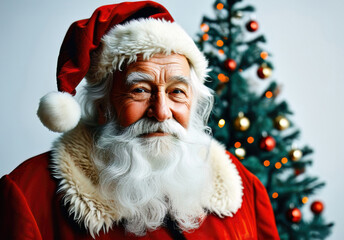 Naklejka premium Santa Claus carries a large green gift box with a red ribbon on a white background