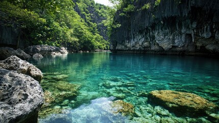 Serene Tropical Lagoon Surrounded by Lush Greenery and Majestic Rock Formations in Crystal Clear Water Under Bright Blue Sky