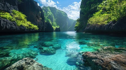 Tranquil Tropical Paradise with Pristine Waters and Lush Greenery Surrounded by Dramatic Rock Formations in a Serene Lagoon Scene