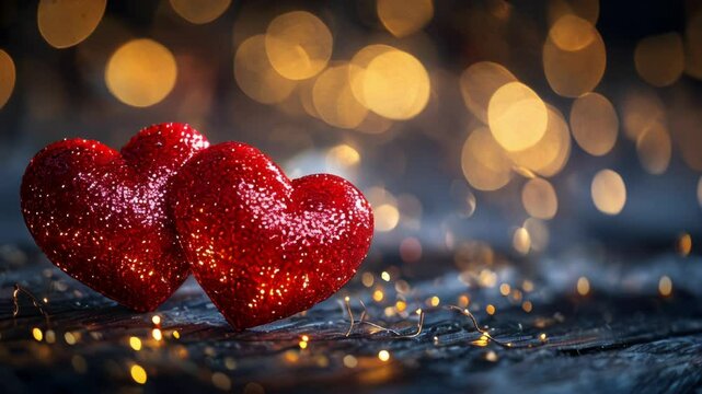 4K video animation of two sparkling red hearts on a wooden table, with warm glowing lights in the background. Ideal for Saint Valentine's Day greetings, romantic content, and celebration visuals