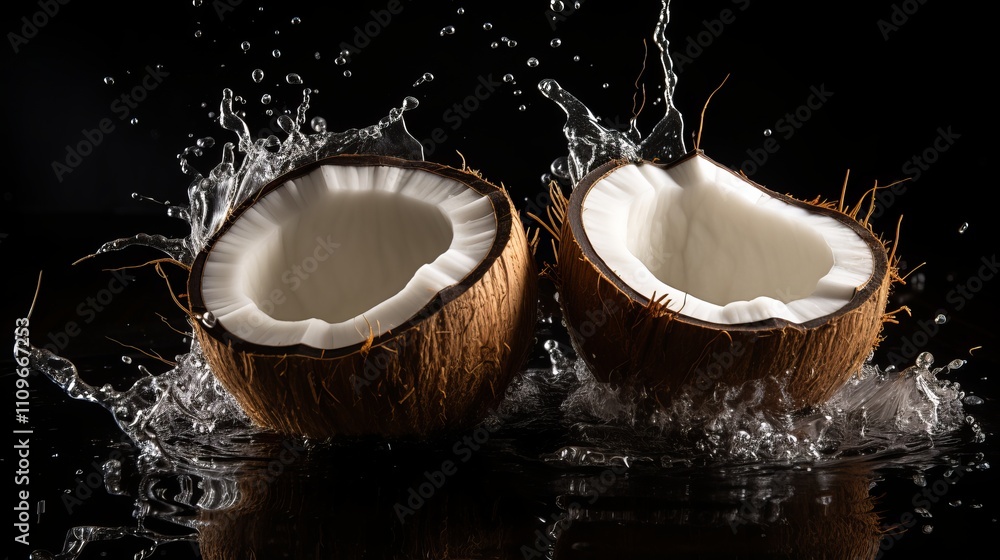 Aufkleber half coconuts gently spill fresh water as they collide with the surface, creating a dynamic splash