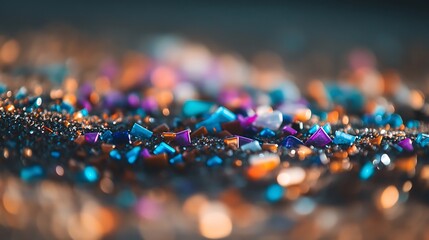 Sparkling colorful crystals scattered on dark surface.