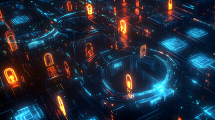Blue and orange glowing circuits arranged in a futuristic grid, symbolizing data flow and secure connectivity in advanced systems