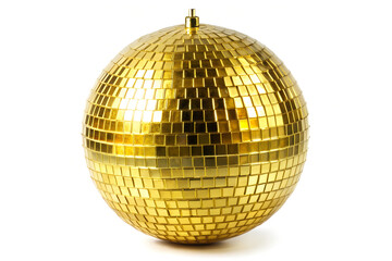 Golden disco mirror ball on white background 