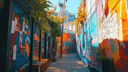 Fototapeta premium Vibrant Urban Alleyway with Colorful Street Art and Murals in a Lively Cityscape Showcasing Creativity and Culture in a Bright and Sunny Day