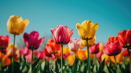 Colorful Tulip Field Under Blue Sky with Bright Blooms Displaying Vibrant Shades of Pink, Yellow, and Red, Capturing the Essence of Springtime Beauty