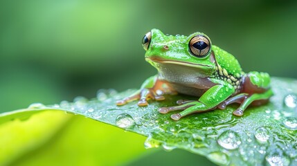 Naklejka premium Vibrant Green Frog Perched on a Dewy Leaf in a Lush Rainforest Environment, Capturing the Essence of Nature and Its Intricate Beauty