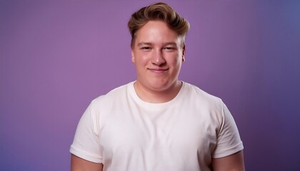 Obraz premium joyful young hispanic plus size body positive male man boy guy 30s in white blank design casual t-shirt posing color background studio portrait