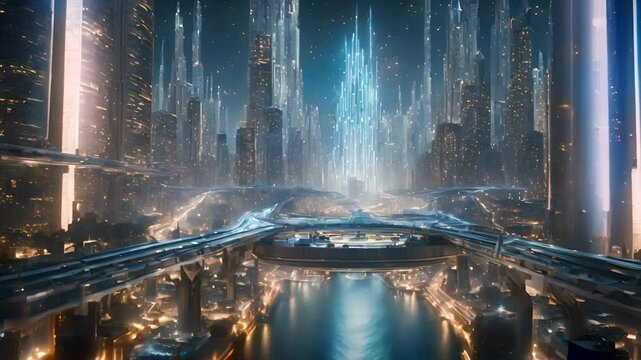 A futuristic city with skyscrapers and a river running through it