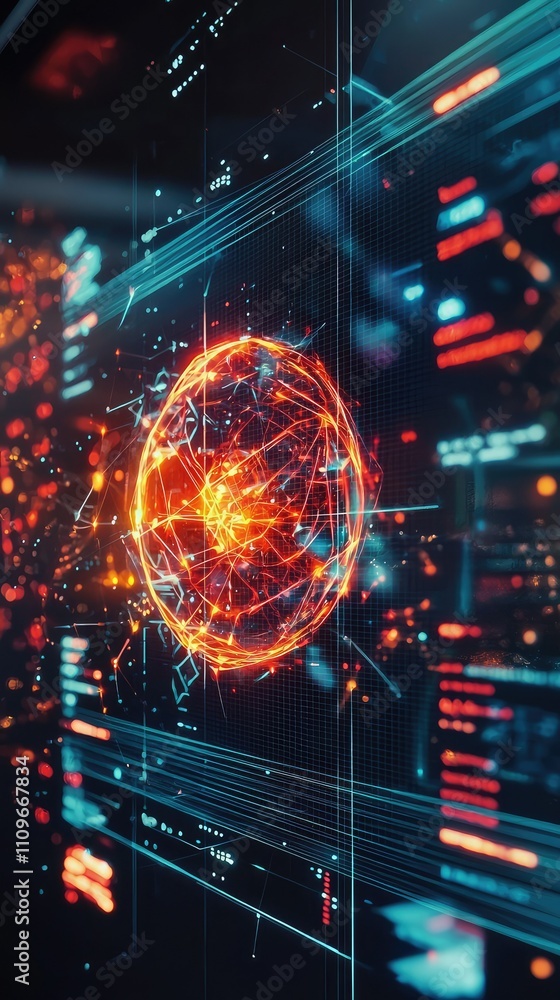 Poster futuristic abstract visualization of a digital sphere with dynamic particles and data flow in a high