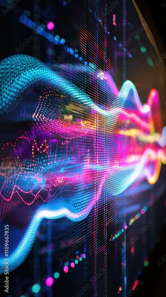 Poster vibrant abstract digital sound waves with colorful patterns and textures showcasing modern technolog