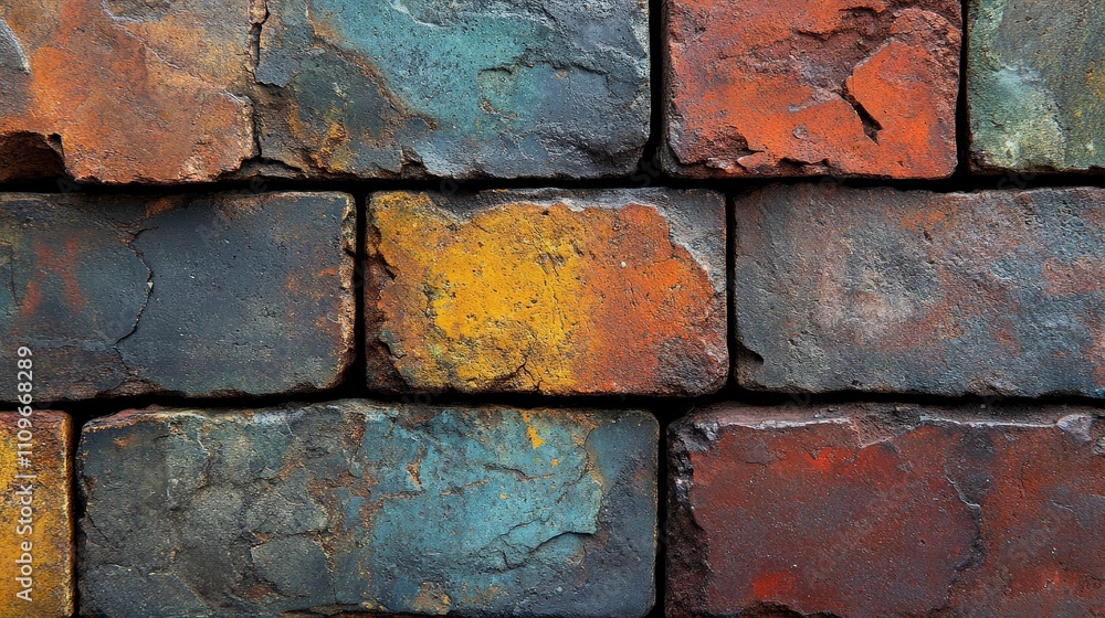 Poster close-up view of vibrantly colored textured bricks forming a unique wall pattern with rich hues of r