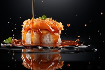 Scrumptious sushi creation drizzled with savory sauce on a dark backdrop. Generative AI