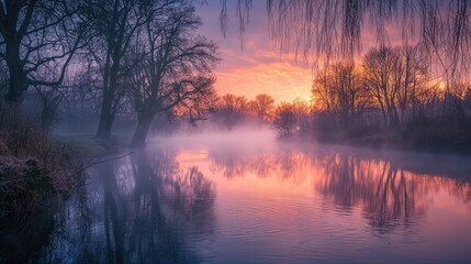 Obraz premium Tranquil Sunrise over Misty River with Silhouettes of Trees and Colorful Reflections in Calm Waters, Capturing the Beauty of Nature in Early Morning Light