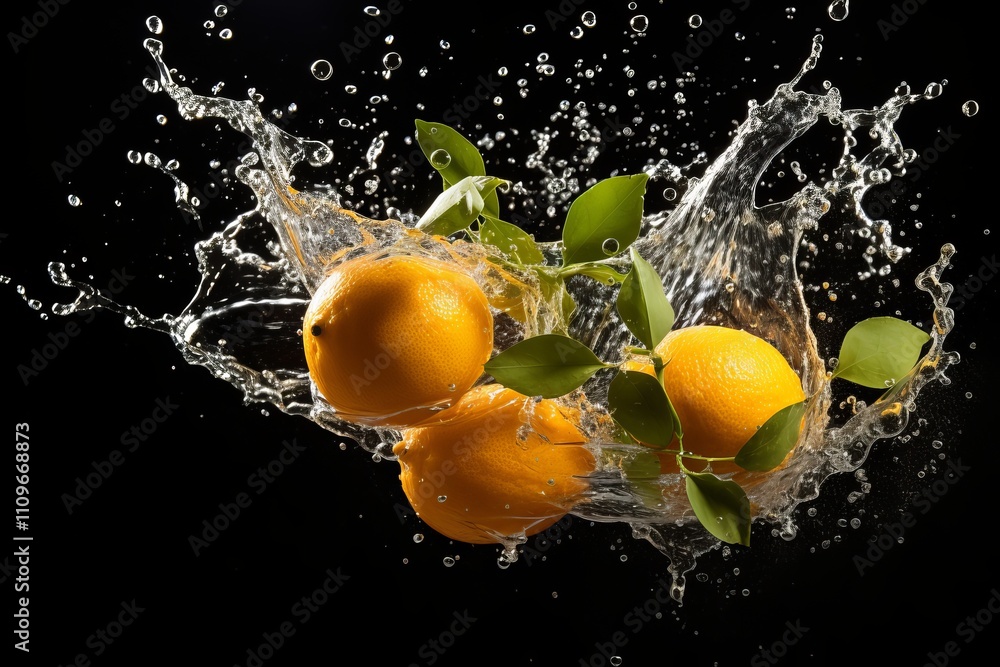 Poster fresh oranges splashing into water create a vibrant dynamic display. generative ai