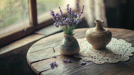 Rustic Table Setting with Lavender Flowers in a Delicate Vase, Capturing the Essence of Nature and Serenity in a Cozy Domestic Environment