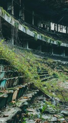 Abandoned Stadium Seats Overgrown with Plants and Decay, Showcasing Nature's Reclamation in an Eerie, Desolate Environment Filled with Rust and Vegetation