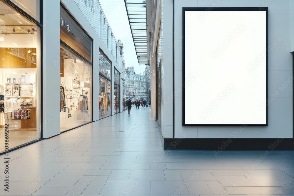 Poster a minimalist shop window features a large empty ad frame, surrounded by pristine white stone floors 