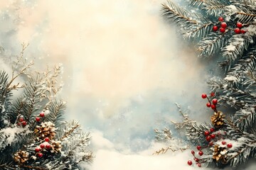 Vintage Victorian Christmas greeting card with snowy pine branches, red berries, gold accents, and a soft beige and blue textured background