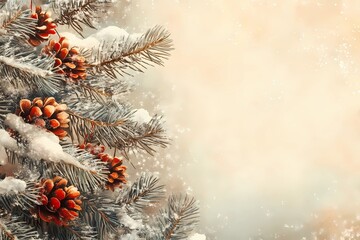 Vintage Victorian Christmas greeting card with snowy pine branches, pinecones, and a soft beige textured background