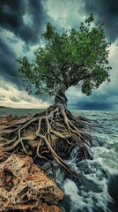 Naklejka premium Resilient Mangrove Tree Standing Strong Amidst Turbulent Waters and Dramatic Clouds, Symbolizing Nature's Endurance and Adaptability in Harsh Environments