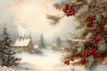 Vintage Victorian Christmas greeting card with snowy pine branches, red berries, and a rustic winter village scene in soft beige and blue tones